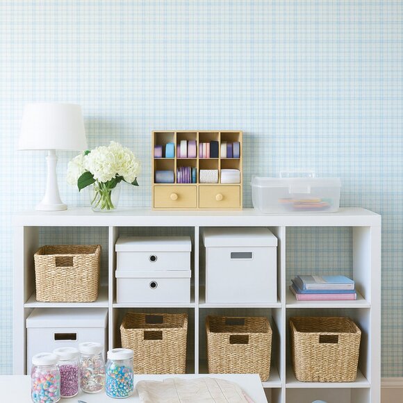 1970s Vintage Blue Gingham Motif Wallpaper - Picture 7 of 8